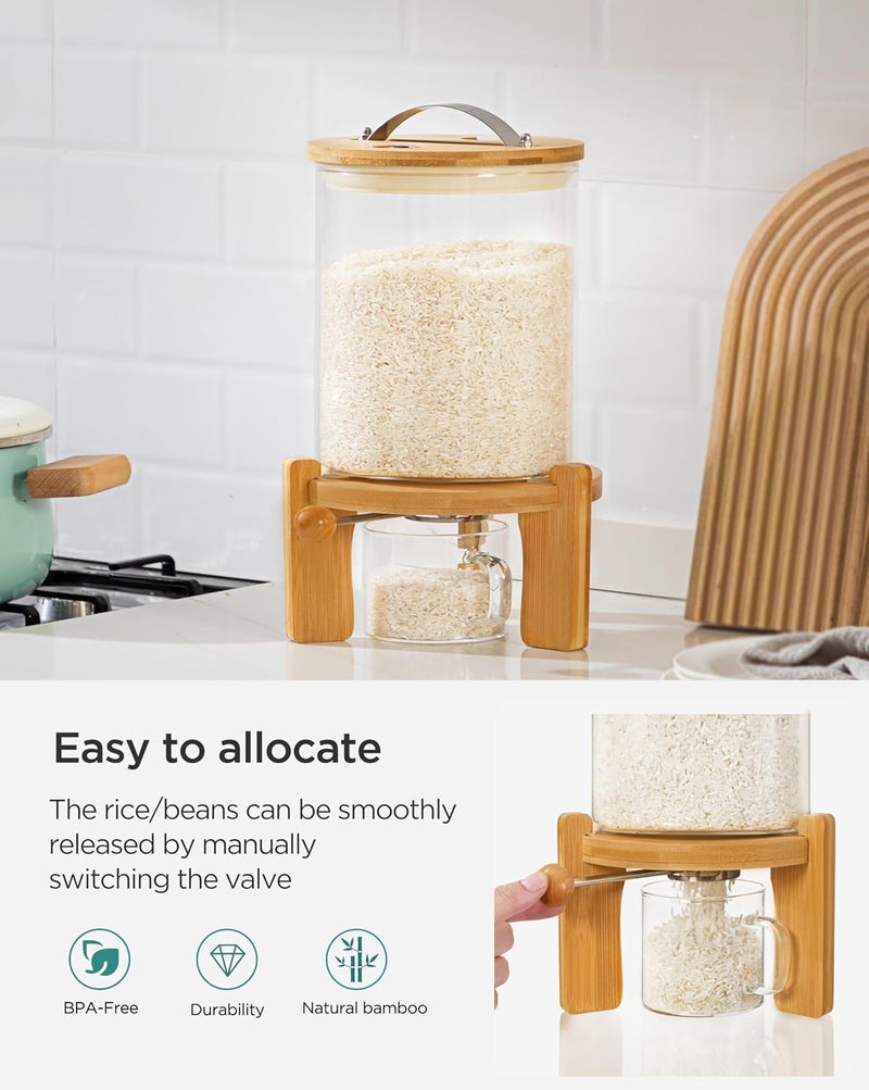Famyards 5-7 lbs Glass Rice Dispenser with Wooden Stand Flour and Cereal Container with Glass Measuring Cup & Labels & Slider mat Pantry Food Organization Storage Bin with Airtight Bamboo Lid, 3L - Image 4