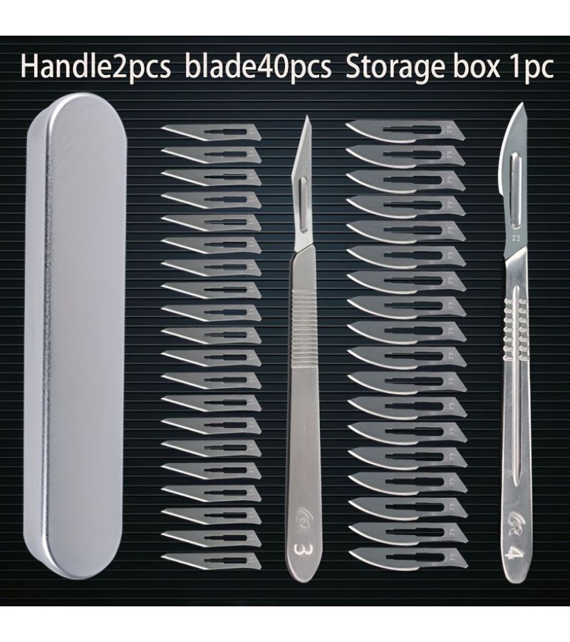 Commonly Used 11 23 Carbon Steel Blade Set Economical And Practical 43 Piece Engraving Tool Knife Set With Stainlees Steel Handle Holder And Iron Box For Model Making Carving Craft Knives Mobile PCB Repair - Image 1