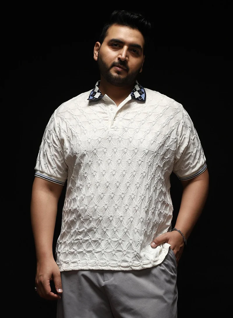 انستافاب بلس Instafab Plus Men's White Block Argyle-Knit Polo T-Shirt | Jacquard Polo Neck , Short Sleeves , Half-Button Closure , Straight Hemline | Colourblock Textured Polyester Blend For Office & Casual Wear