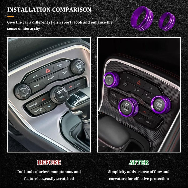 RGOAANC 3PCS Air Conditioner Switch Button Knob Cover, Aluminum Alloy Trim Ring, Trailer Gear Switch Compatible With Dodge Challenger Durango 2015-2022 (Purple) - Image 5
