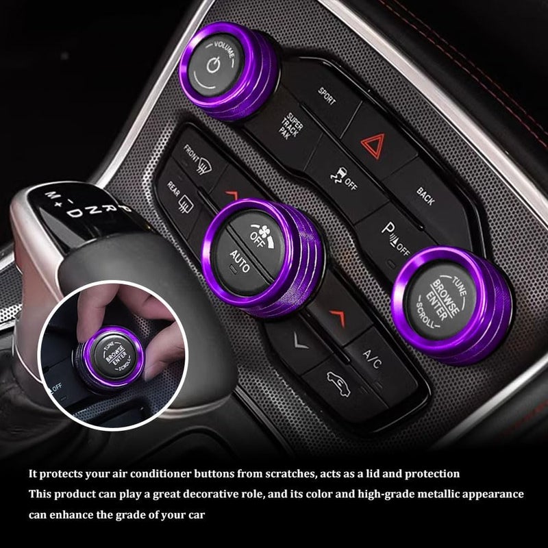 RGOAANC 3PCS Air Conditioner Switch Button Knob Cover, Aluminum Alloy Trim Ring, Trailer Gear Switch Compatible With Dodge Challenger Durango 2015-2022 (Purple) - Image 3