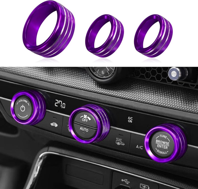 RGOAANC 3PCS Air Conditioner Switch Button Knob Cover, Aluminum Alloy Trim Ring, Trailer Gear Switch Compatible With Dodge Challenger Durango 2015-2022 (Purple) - Image 1