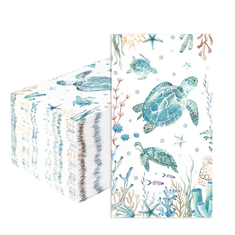 Grencian 100 Pcs Coastal Turtle Paper Napkins 3 Ply Summer Ocean Green Sea Turtles Disposable Absorbent Hand Towels Coral Starfish Guest Bathroom Napkins for Holiday Beach Birthday Nautical Party Supplies - Image 1