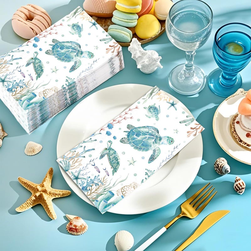 Grencian 100 Pcs Coastal Turtle Paper Napkins 3 Ply Summer Ocean Green Sea Turtles Disposable Absorbent Hand Towels Coral Starfish Guest Bathroom Napkins for Holiday Beach Birthday Nautical Party Supplies - Image 5