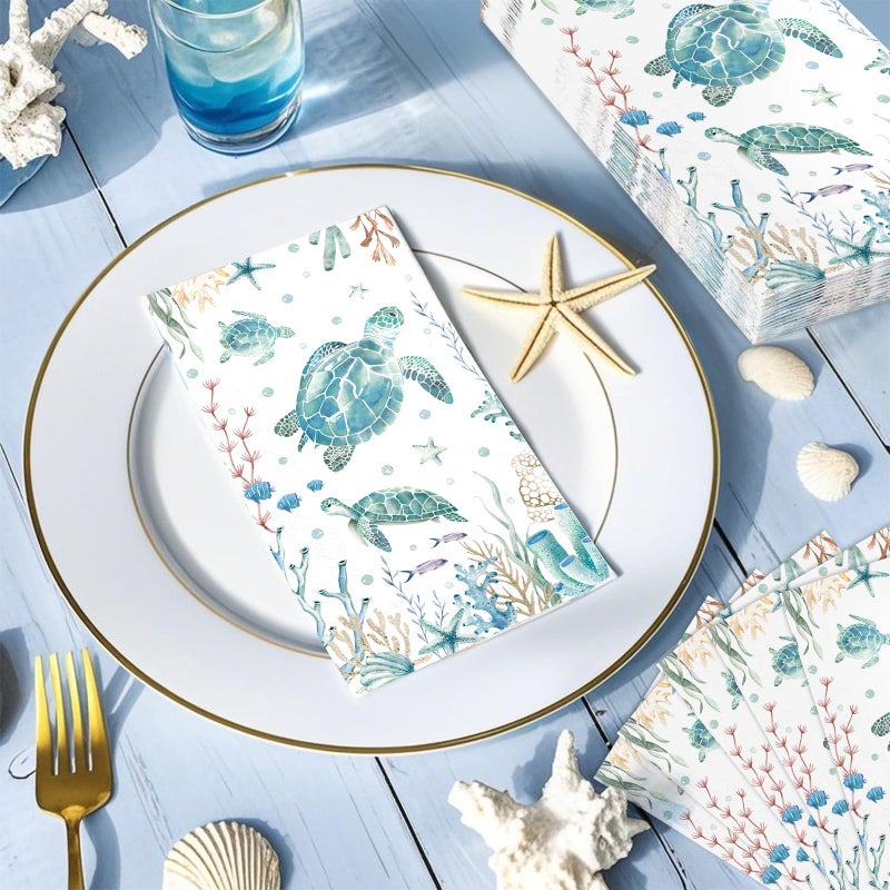 Grencian 100 Pcs Coastal Turtle Paper Napkins 3 Ply Summer Ocean Green Sea Turtles Disposable Absorbent Hand Towels Coral Starfish Guest Bathroom Napkins for Holiday Beach Birthday Nautical Party Supplies - Image 2