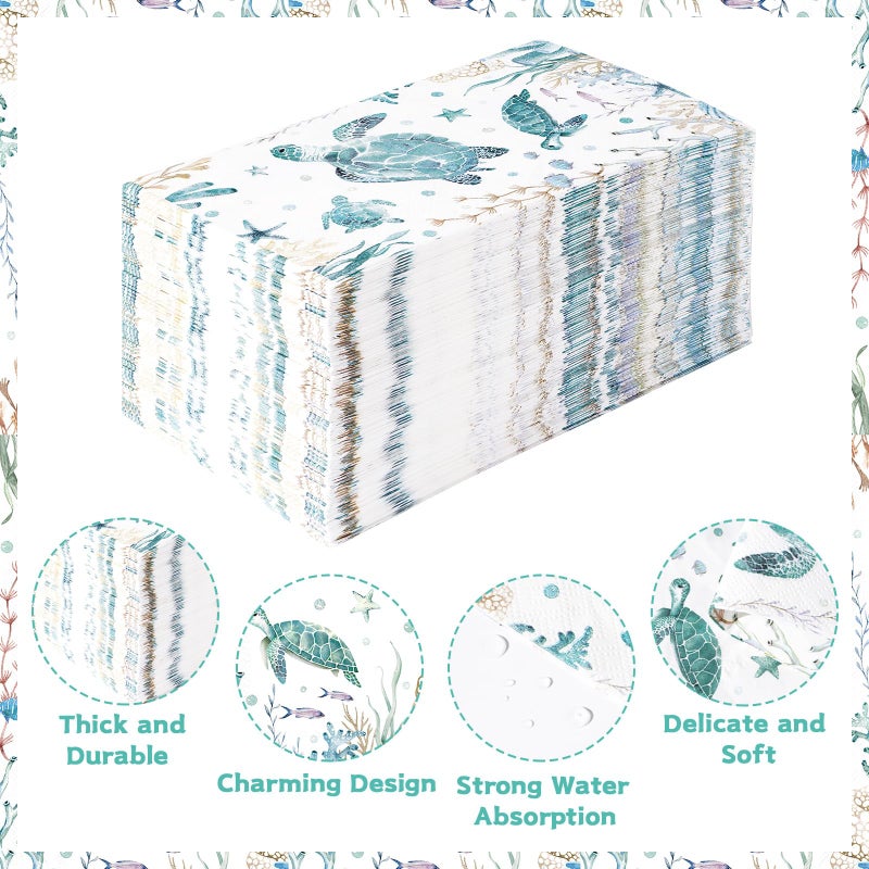 Grencian 100 Pcs Coastal Turtle Paper Napkins 3 Ply Summer Ocean Green Sea Turtles Disposable Absorbent Hand Towels Coral Starfish Guest Bathroom Napkins for Holiday Beach Birthday Nautical Party Supplies - Image 3