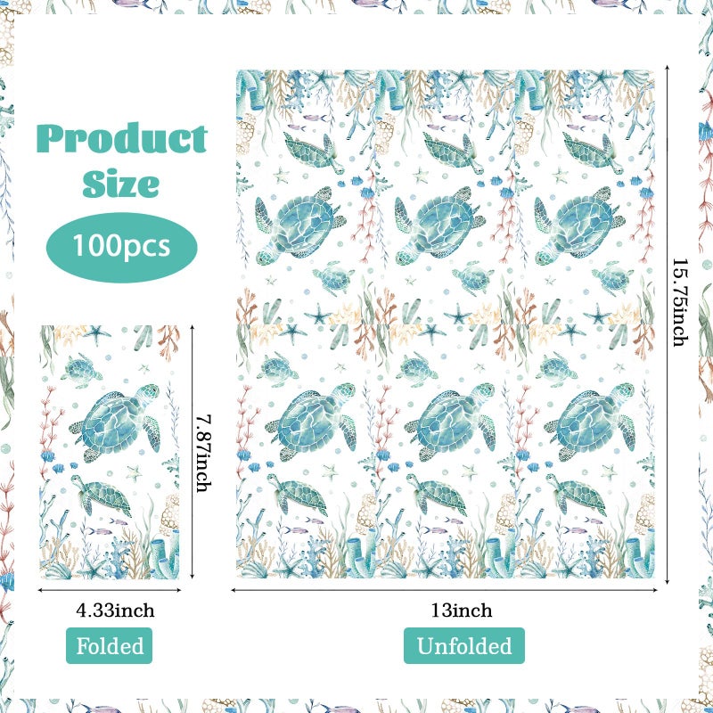 Grencian 100 Pcs Coastal Turtle Paper Napkins 3 Ply Summer Ocean Green Sea Turtles Disposable Absorbent Hand Towels Coral Starfish Guest Bathroom Napkins for Holiday Beach Birthday Nautical Party Supplies - Image 4