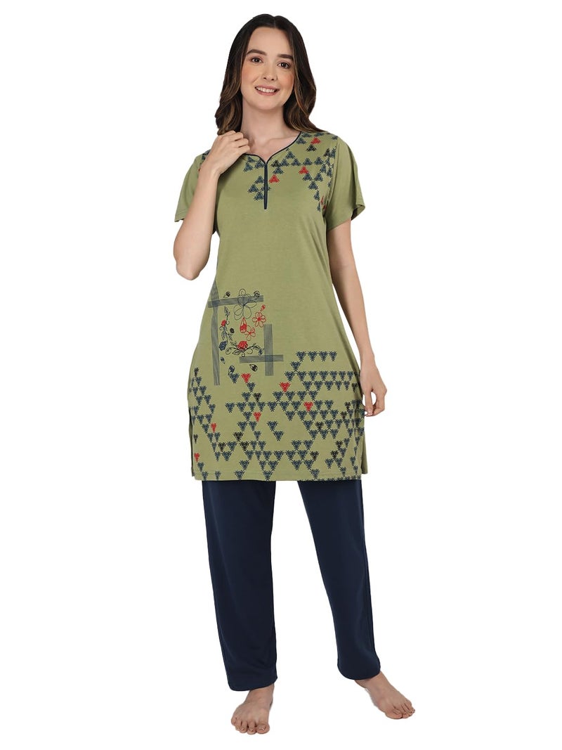 Duchess Women's Cotton Printed & Embroided Long Length Night Suit Pajama Set, X_Large,Multi - Image 1