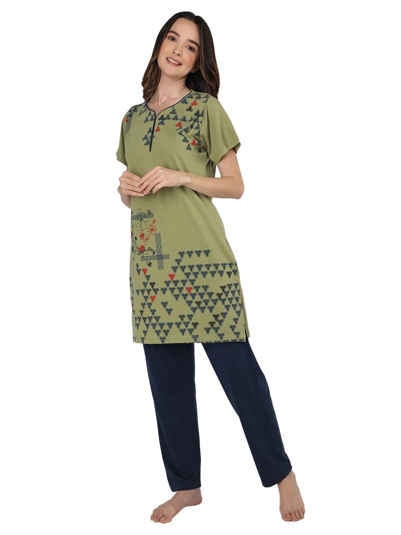 Duchess Women's Cotton Printed & Embroided Long Length Night Suit Pajama Set, X_Large,Multi - Image 5