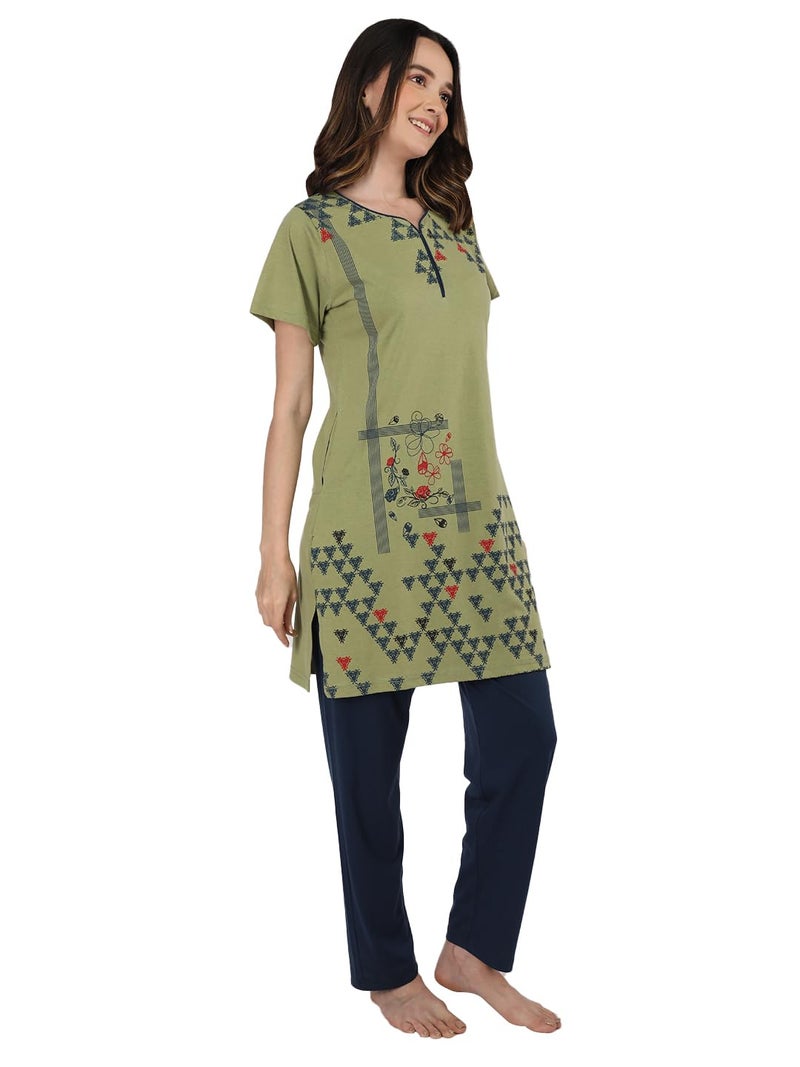 Duchess Women's Cotton Printed & Embroided Long Length Night Suit Pajama Set, X_Large,Multi - Image 4