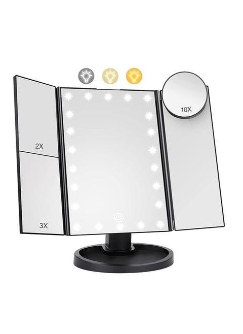 مرآة تجميلية مضيئة مع 22 ضوء LED، مزودة بتغذية طاقة مزدوجة، وتكبير 1x/2x/3x/10x، مرآة قابلة للتعديل بزاوية 180 درجة، مثالية للسفر.