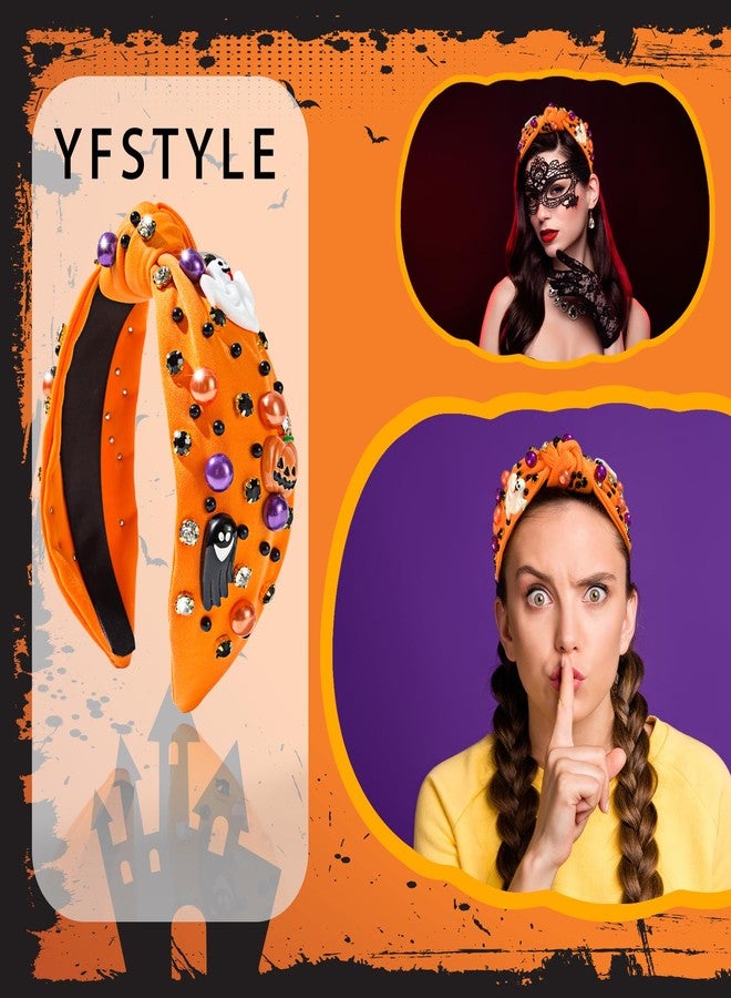 yfstyle Halloween Headband for Women Halloween Pumpkin Ghost Hair Accessories Gothic Pearl Rhinestone Knotted Headbands for Cosplay Party Gifts Orange Pumpkin - Image 3