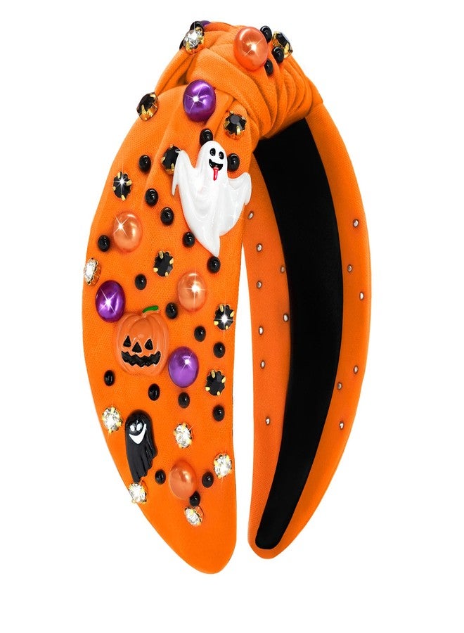 yfstyle Halloween Headband for Women Halloween Pumpkin Ghost Hair Accessories Gothic Pearl Rhinestone Knotted Headbands for Cosplay Party Gifts Orange Pumpkin - Image 1