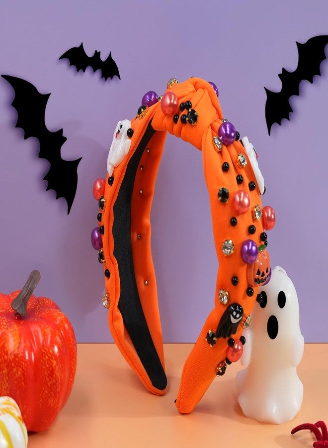 yfstyle Halloween Headband for Women Halloween Pumpkin Ghost Hair Accessories Gothic Pearl Rhinestone Knotted Headbands for Cosplay Party Gifts Orange Pumpkin - Image 5