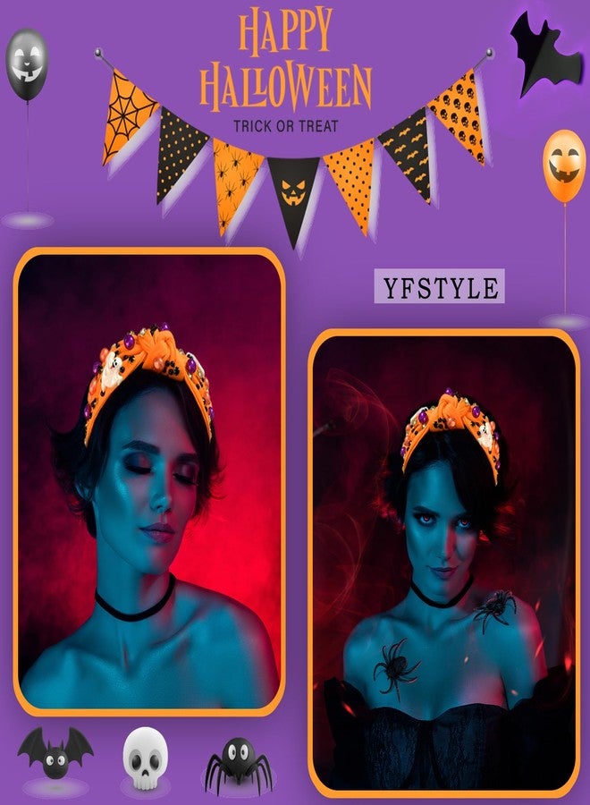 yfstyle Halloween Headband for Women Halloween Pumpkin Ghost Hair Accessories Gothic Pearl Rhinestone Knotted Headbands for Cosplay Party Gifts Orange Pumpkin - Image 4