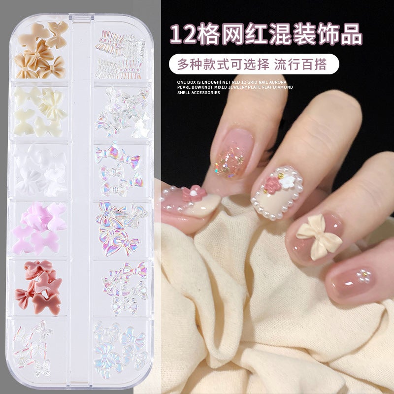 Trendy 12-Grid Aurora Pearl Nail Art Accessories Popular Mix-And-Match Shell Diamond Flat-Back Rhinestone Pearl Nail Decorations - Image 2