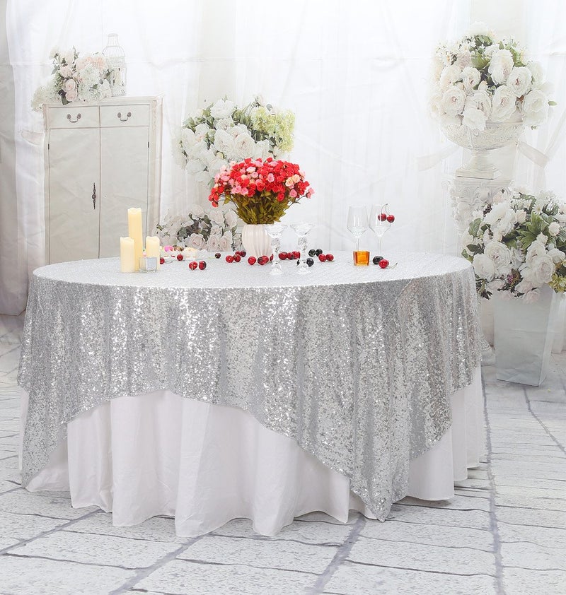 PartyDelight Silver Sequin Tablecloth Square Sparkly Table Cloth Overlay 70x 70