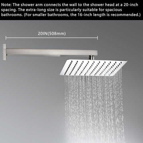 Voolan 20“ Square Shower Arm with Flange and Teflon Tape, Extension Shower Head Arm for Bathroom Fixed Shower Head, Solid Stainless Steel, Wall Mounted (Brushed Nickel) - Image 2