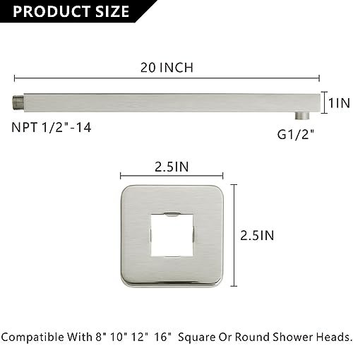 Voolan 20“ Square Shower Arm with Flange and Teflon Tape, Extension Shower Head Arm for Bathroom Fixed Shower Head, Solid Stainless Steel, Wall Mounted (Brushed Nickel) - Image 5