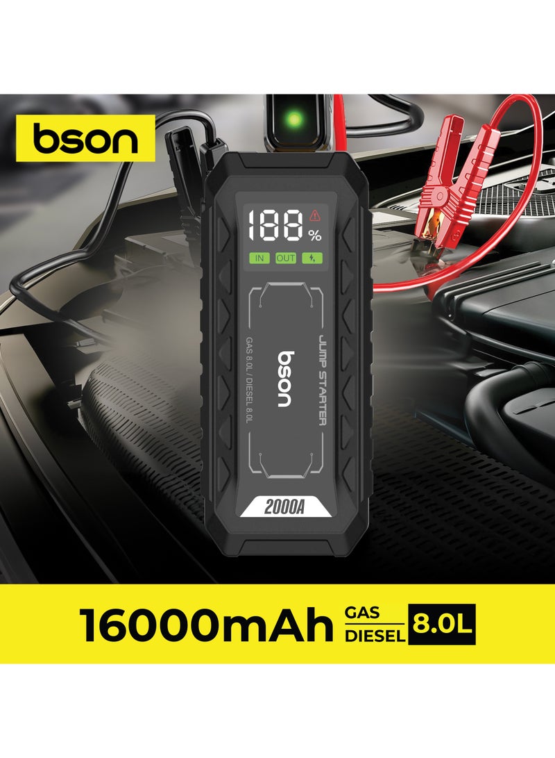 BSON مشغل قفز توربو كيك - شاحن بطارية سيارة محمول 16000 مللي أمبير للسيارات التي تعمل بالبنزين والديزل حتى 8 لتر مع وظيفة بنك الطاقة LED ضوء الطوارئ أداة السيارة - Image 2