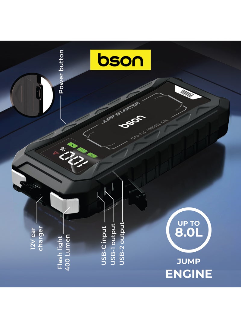 BSON مشغل قفز توربو كيك - شاحن بطارية سيارة محمول 16000 مللي أمبير للسيارات التي تعمل بالبنزين والديزل حتى 8 لتر مع وظيفة بنك الطاقة LED ضوء الطوارئ أداة السيارة - Image 5