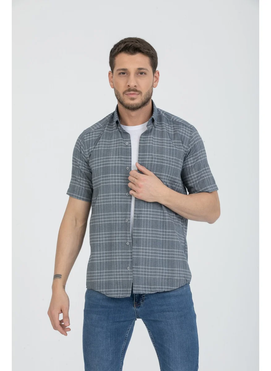 Varetta Men's Steel Blue Short Sleeved Pocket Check Collar Buttoned Cotton Shirt
