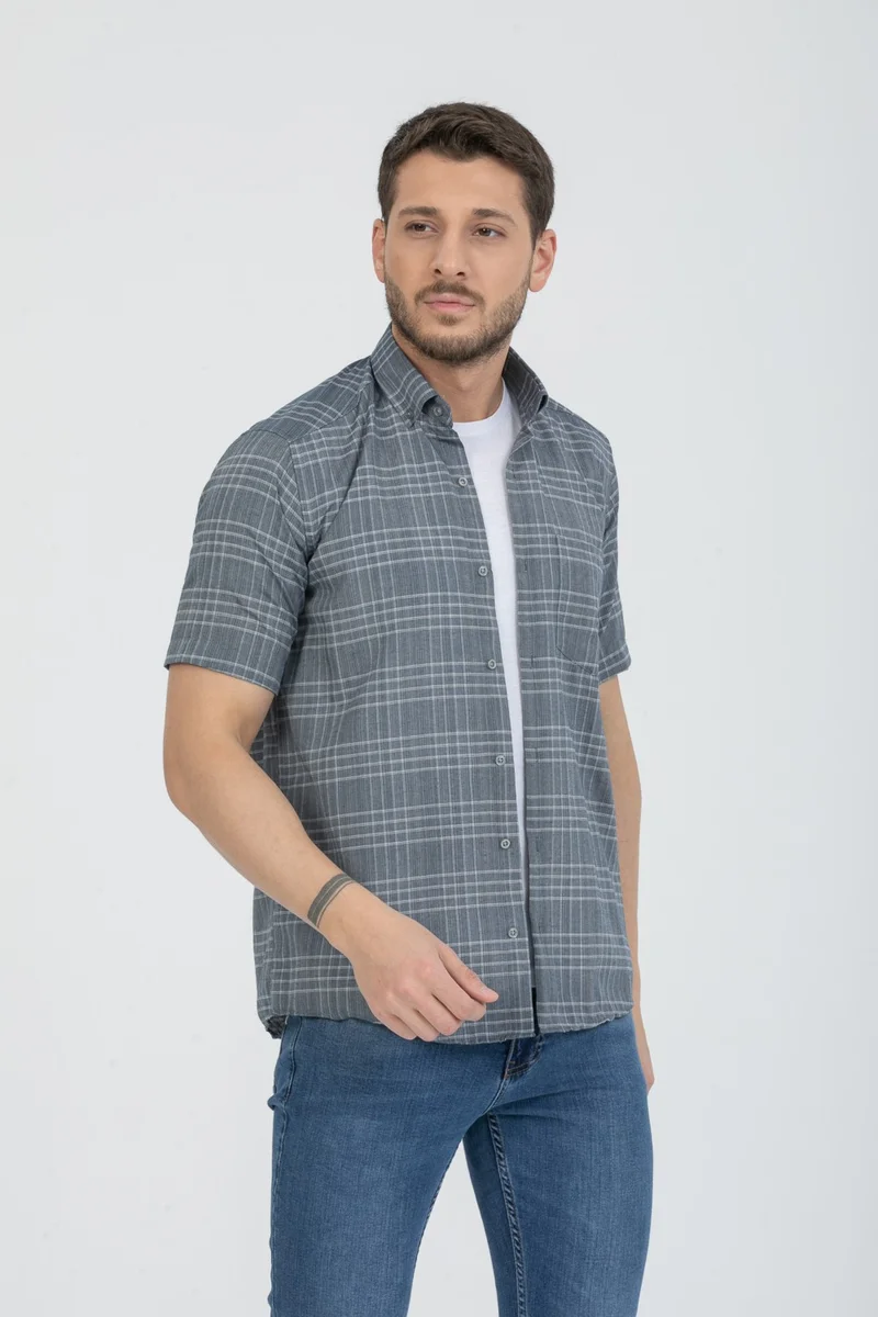 فاريتا Men's Steel Blue Short Sleeved Pocket Check Collar Buttoned Cotton Shirt