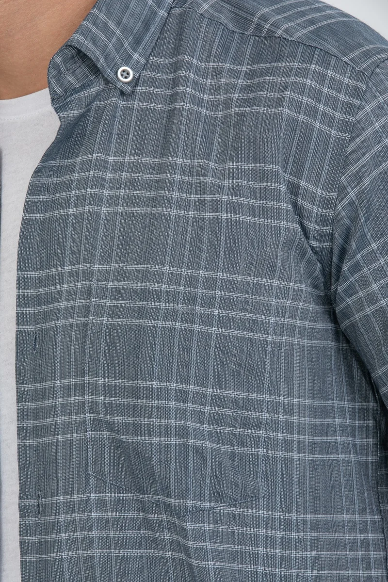 فاريتا Men's Steel Blue Short Sleeved Pocket Check Collar Buttoned Cotton Shirt