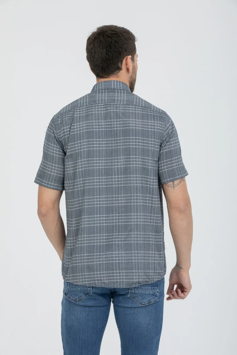 فاريتا Men's Steel Blue Short Sleeved Pocket Check Collar Buttoned Cotton Shirt