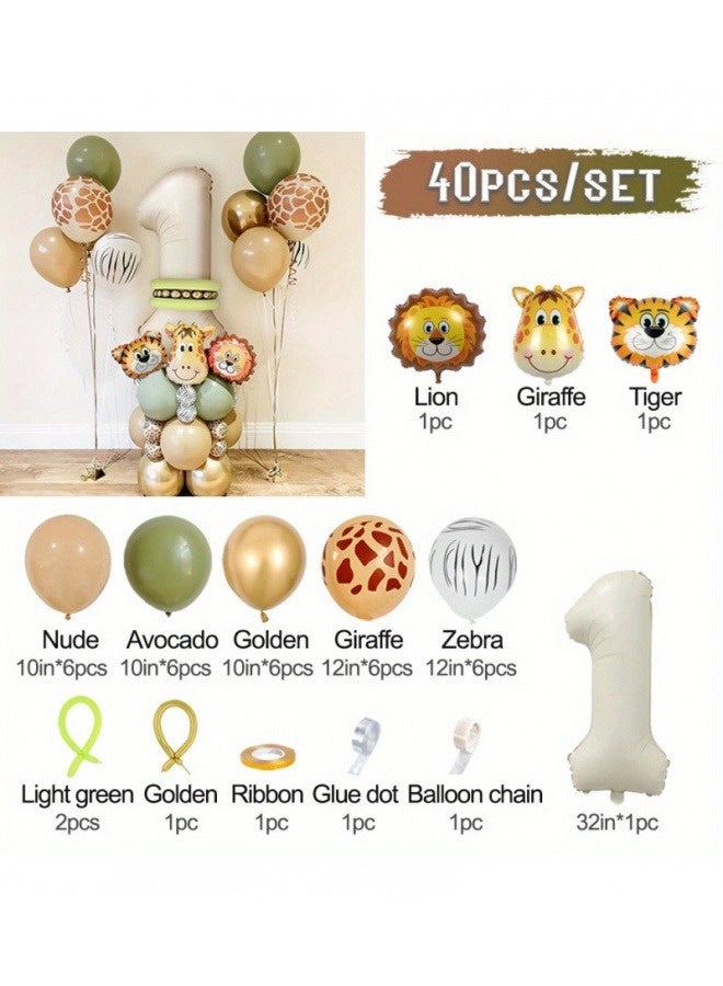 SenRan 40-Piece 1st Birthday Decor Kit: 40-Inch Number Balloon, Jungle Animal Foil Balloons & Gold Latex Balloons – Ideal for Boys' and Girls' First Birthday Parties - Image 2