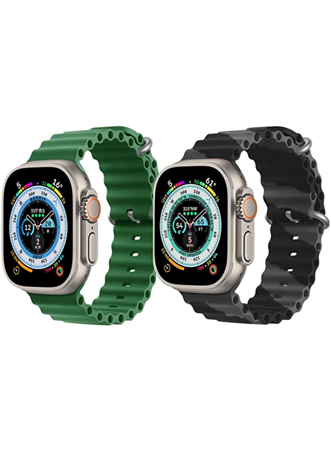 IAF Silicone Ocean Band Strap for Apple Watch Ultra 8 49mm Green Single Color Strap with Black/Gray Double Line Strap Set of 2