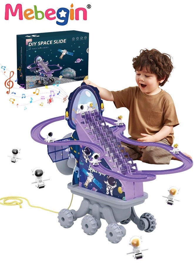 MEBEGIN Space-themed Slide Toy Set, Escalator Toy with Rope and Wheels, Automatic Stair-climbing Track Set, DIY Space Slide Toy with Lights and Music, Creative Electric Toys, Fun Pull Toy, Ideal Gift for Kids Aged 3+  - Image 1