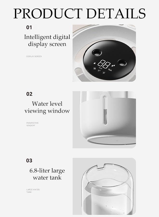 DUNISO 6.8L Large Capacity Humidifier Dual Spray USB Rechargeable Mute Ultrasonic Humidifier with Temperature Display and Gear Display Essential Oil Diffuser LED Light Bedroom Air Humidifier for Home, Office, Baby - Image 5