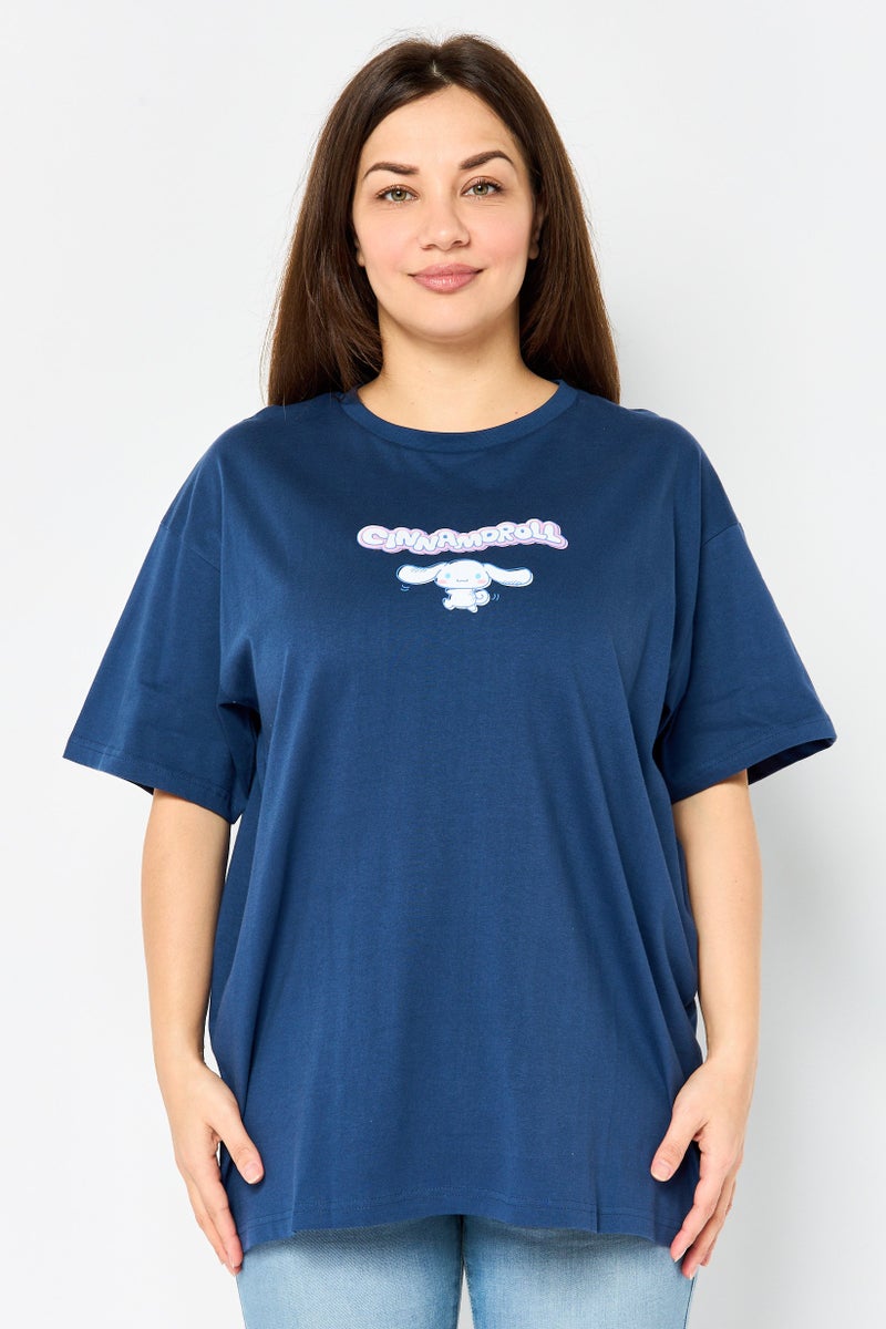Cinnamoroll Women Crew Neck Short Sleeve Graphic Print T-shirt, Navy - Image 1