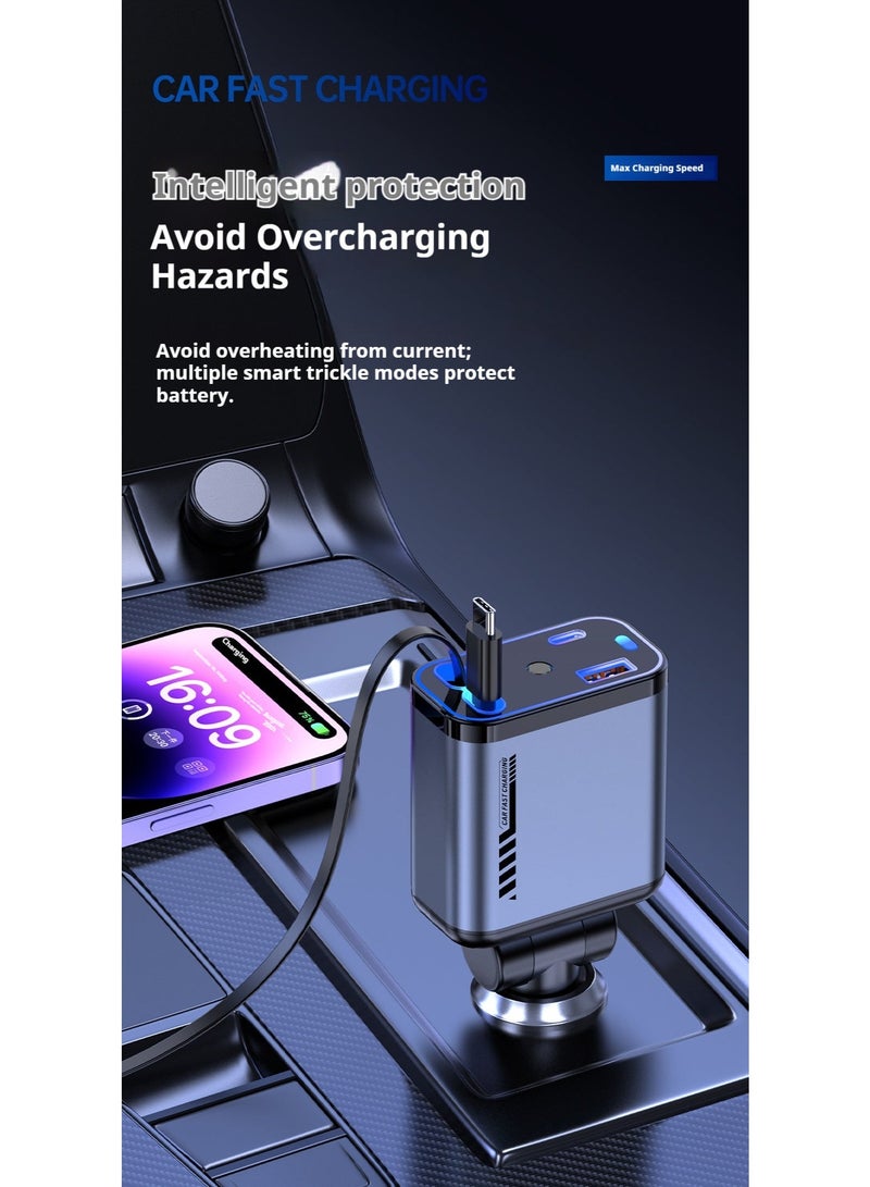 شاحن سيارة سريع 120 واط مع كابل قابل للسحب وإسقاط ضوء النجوم – منفذ مزدوج USB-C بشحن PD، شحن 4 أجهزة في وقت واحد، متوافق مع سيارات 12V/24V، حماية ذكية – اللون الأسود الفاخر - Image 2