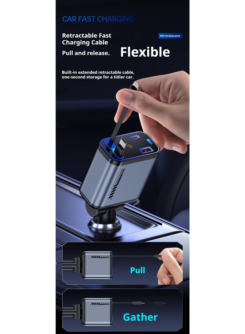 شاحن سيارة سريع 120 واط مع كابل قابل للسحب وإسقاط ضوء النجوم – منفذ مزدوج USB-C بشحن PD، شحن 4 أجهزة في وقت واحد، متوافق مع سيارات 12V/24V، حماية ذكية – اللون الأسود الفاخر - Image 3