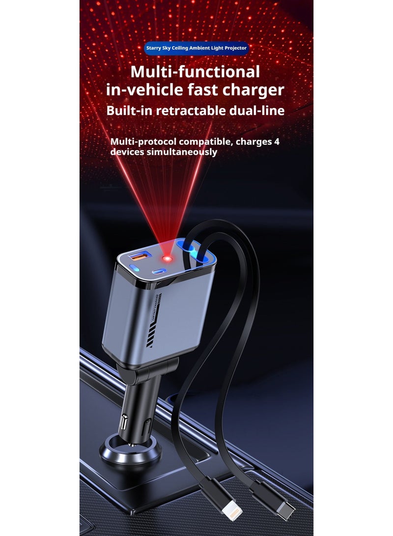 شاحن سيارة سريع 120 واط مع كابل قابل للسحب وإسقاط ضوء النجوم – منفذ مزدوج USB-C بشحن PD، شحن 4 أجهزة في وقت واحد، متوافق مع سيارات 12V/24V، حماية ذكية – اللون الأسود الفاخر - Image 1