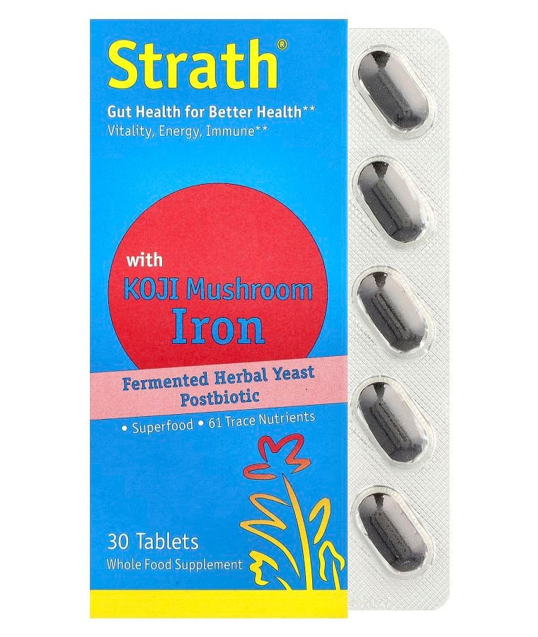Bio-Strath Fermented Herbal Yeast Postbiotic With Koji Mushroom Iron 30 Tablets