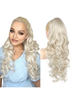 REECHO Ponytail Extension, 26 Inch Drawstring Ponytail Extension Long Curly Wavy Pony Tails Hair Extensions Natural Fake Synthetic Clip In Ponytail Hairpiece For Women Daily, Platinum Blonde 