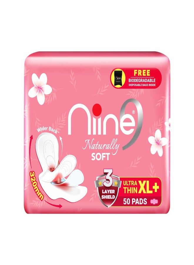 NIINE Naturally Soft Ultra Thin XL+ Sanitary Napkins |320mm Long|Cottony Soft Control Rashes|Long Lasting protection |Suitable for Heavy Flow with Free Biodegradable Disposal Bags (Pack of 1) 50 Pads - Image 1