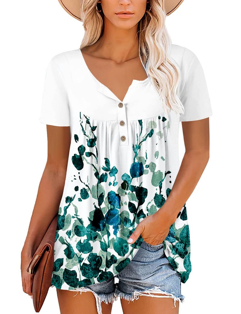 ROSELINLIN Womens Green Tops Short Sleeve Summer Shirts Floral White Pull Over Loose Fit Shirts XL - Image 2