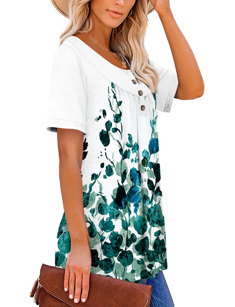 ROSELINLIN Womens Green Tops Short Sleeve Summer Shirts Floral White Pull Over Loose Fit Shirts XL - Image 3