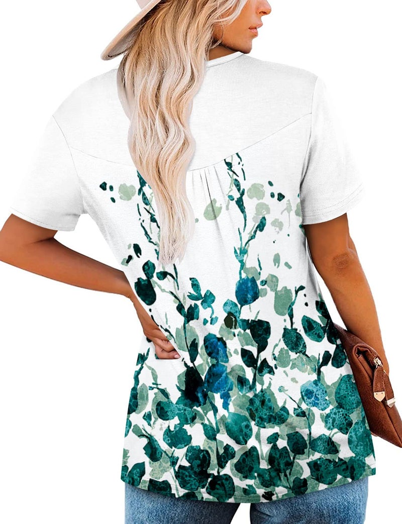 ROSELINLIN Womens Green Tops Short Sleeve Summer Shirts Floral White Pull Over Loose Fit Shirts XL - Image 4