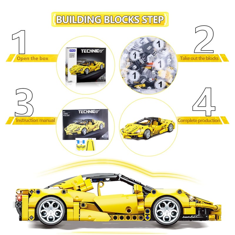 SIENON Technic Super Sports Car Building Kit Pull Back Race Car Toy, Racing Vehicle Collectible Model Supercar Building Construction Toys for Kids Girls Boys Age 6+ (391 Pcs) - Image 2