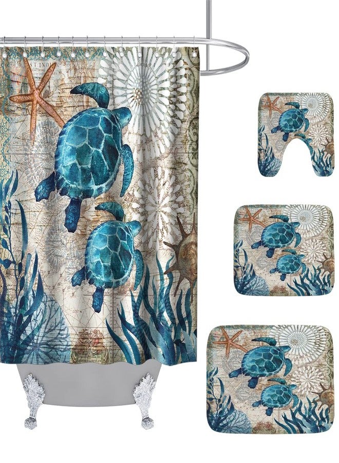 Final Friday Sea Turtles Nautical Ocean Beach Bathroom Sets with Starfish Coral Shower Curtain and 20 x 31 Rugs Bathroom Accessories Sets Decor with Bath Rug, Bath Mat, U-Shaped Contour and Hooks 72 x 72 Inch - Image 1