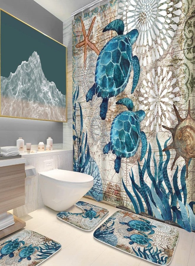 Final Friday Sea Turtles Nautical Ocean Beach Bathroom Sets with Starfish Coral Shower Curtain and 20 x 31 Rugs Bathroom Accessories Sets Decor with Bath Rug, Bath Mat, U-Shaped Contour and Hooks 72 x 72 Inch - Image 2