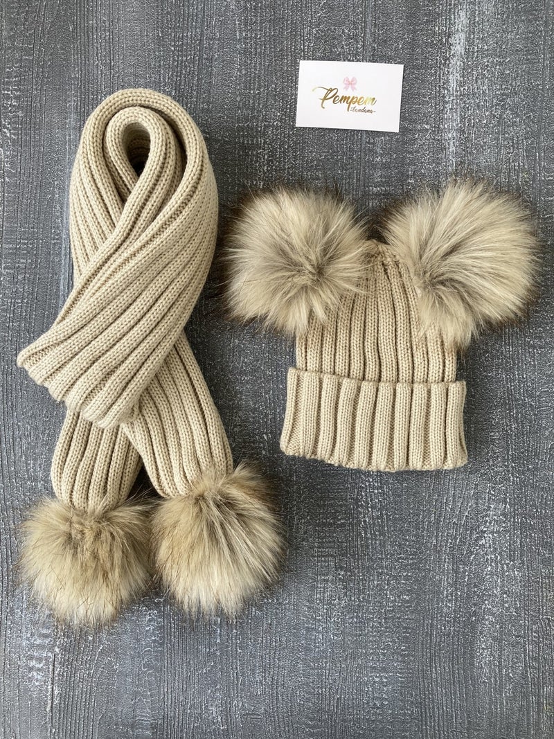 Pempem Bandana Baby Girl Pompom Scarf Beanie Set 