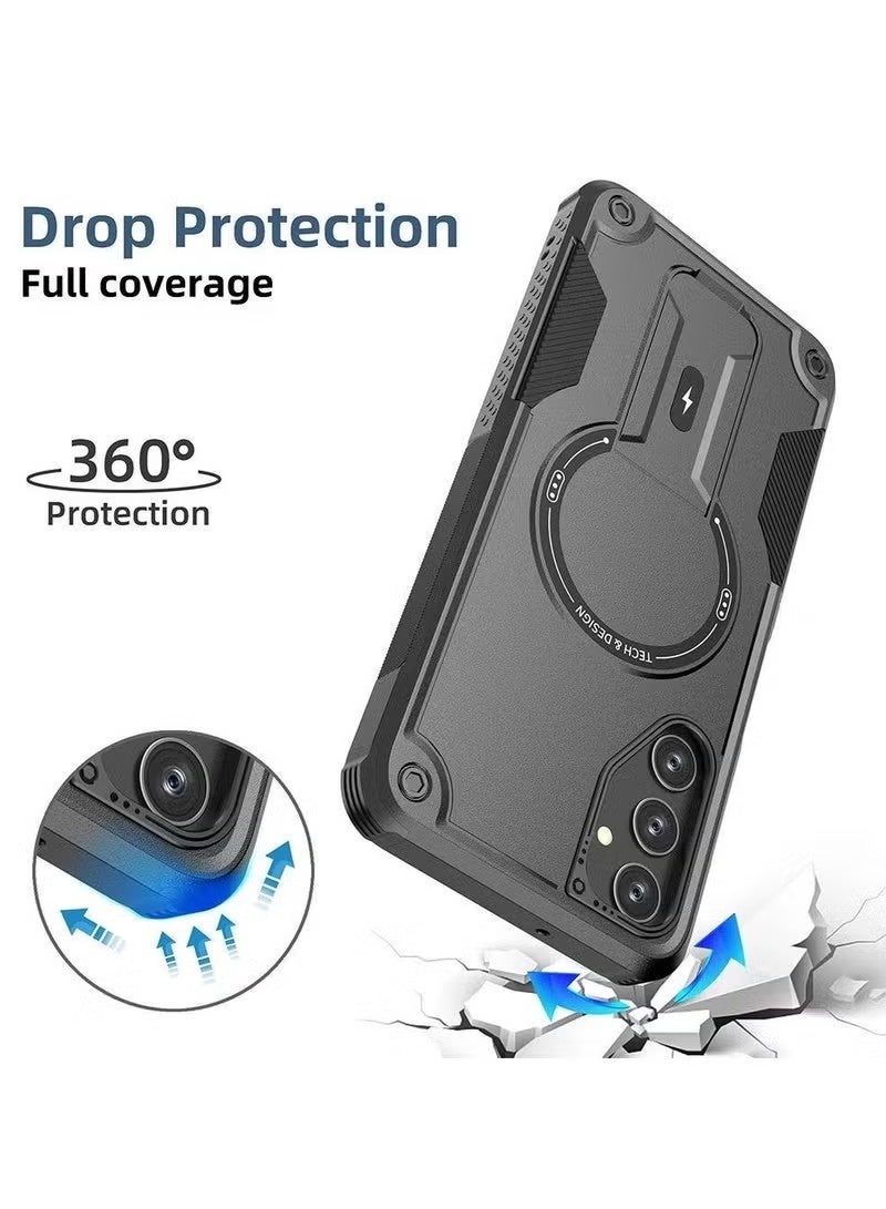 جراب هاتف سامسونج جالاكسي A56/A36 5G مع مسند، متوافق مع MagSafe، ثنائي الطبقات، مقاوم للصدمات، أسود اللون - Image 3