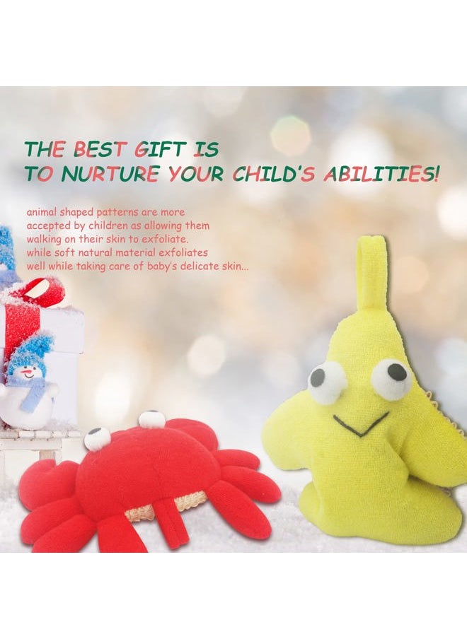 Bleu Bath - (2 Pack) Animal Body Scrubber Natural Linen Shower Ball for Toddler Kids Gentle Exfoliating Bath Sponge Loofah Pouf in Yellow Starfish Red Crab with Cute Big Eyes Design - Image 1