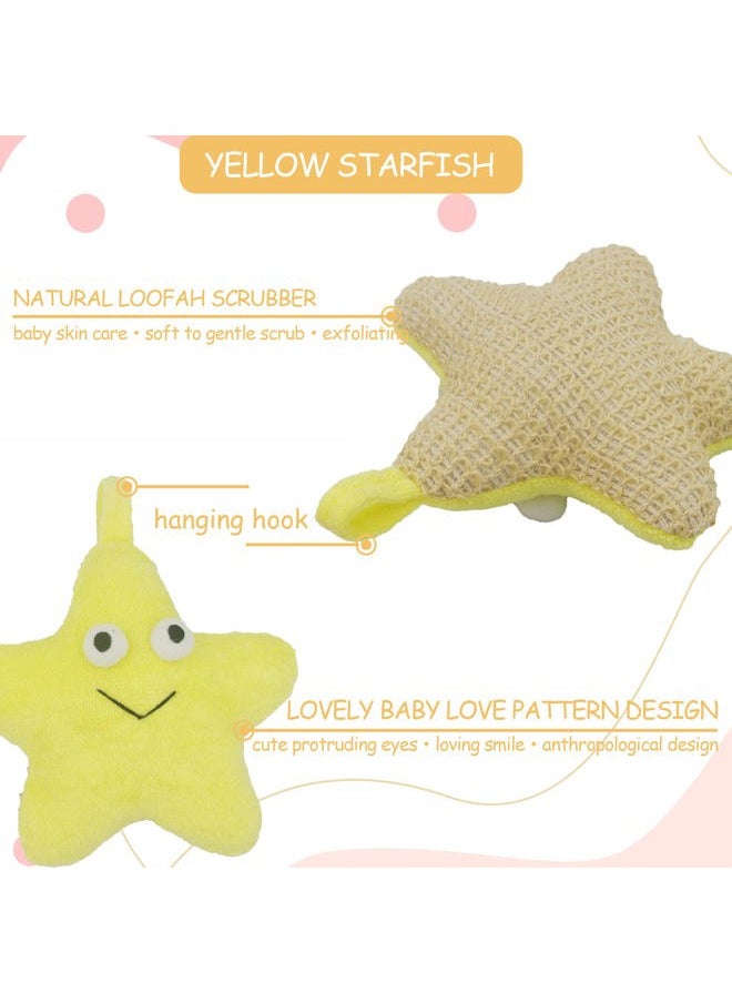 Bleu Bath - (2 Pack) Animal Body Scrubber Natural Linen Shower Ball for Toddler Kids Gentle Exfoliating Bath Sponge Loofah Pouf in Yellow Starfish Red Crab with Cute Big Eyes Design - Image 1
